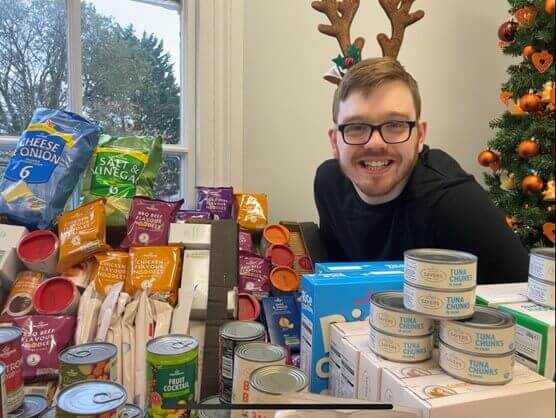 Pile of donated food on a table